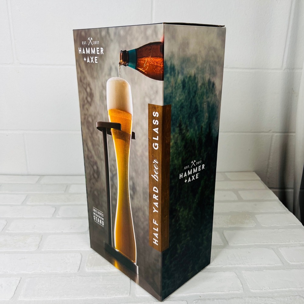 Hammer + Axe Half Yard Beer Glass with Wooden Stand 24oz 18 Inch Tall